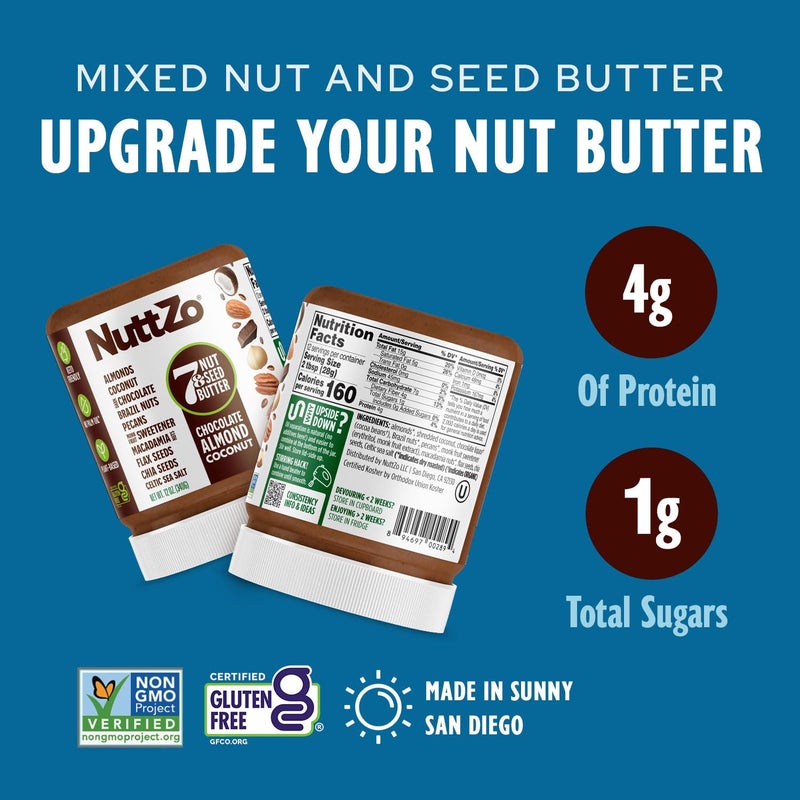 NuttZo Keto Chocolate Almond Coconut - 7 Nut And Seed Butter, Coconut, Brazil Nuts, Almonds, Pecans & More, Keto Friendly, Only 1g Sugar, No Added Oil, Non-GMO, Dark Chocolate, 2g Net Carbs, 12 oz Jar - Image 3